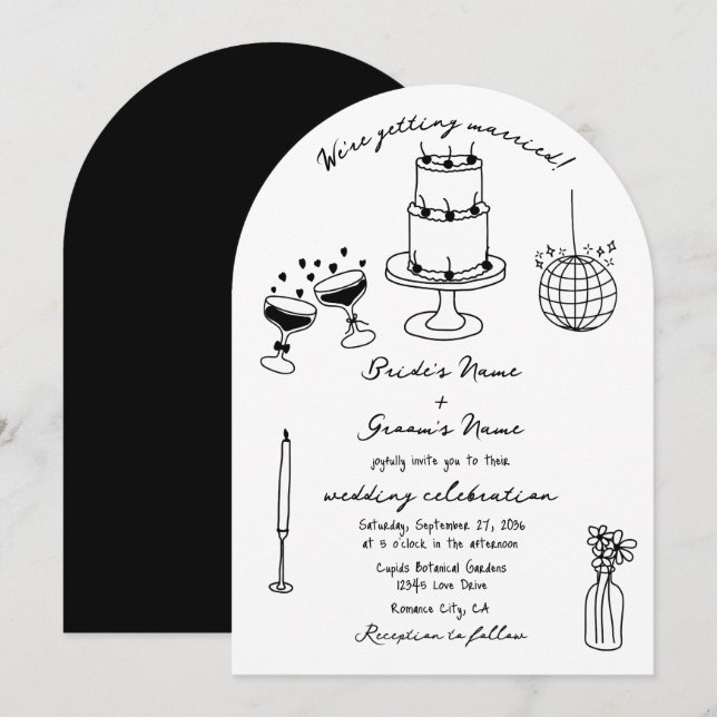 Hand Drawn Black Illustrations Doodles Wedding Invitation (Front/Back)