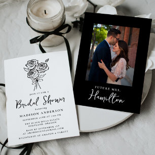 Hand-Drawn Black Rose Bouquet Photo Bridal Shower Invitation