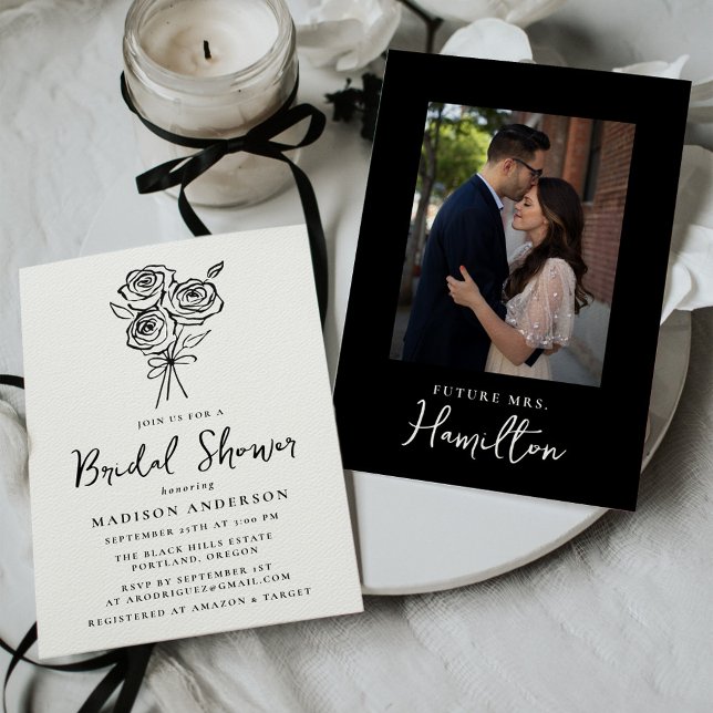 Hand-Drawn Black Rose Bouquet Photo Bridal Shower Invitation (Creator Uploaded)
