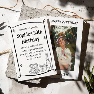Hand Drawn Black & White 30TH Birthday Photo  Invitation
