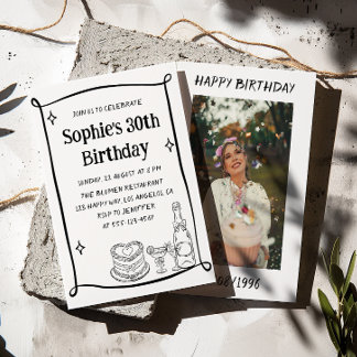 Hand Drawn Black & White 30TH Birthday Photo Invitation
