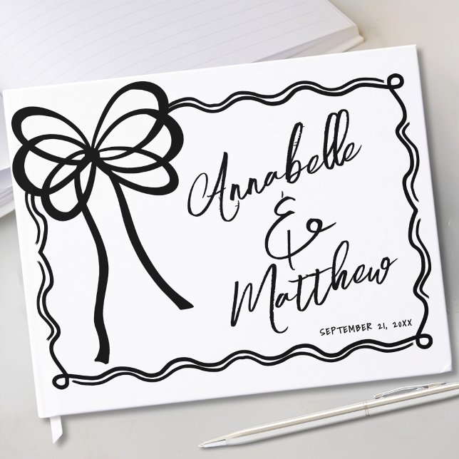Hand Drawn Black White Bow Wedding Guest Book (Hand Drawn Black White Bow Wedding Guest Book)