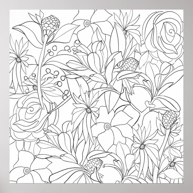 Hand drawn black white floral garden poster (Front)