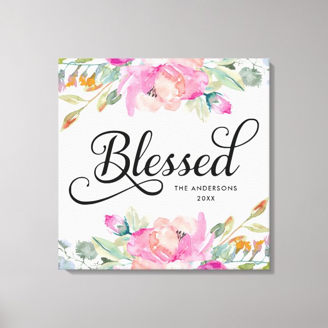 Hand Drawn Blessed Soft Pink Floral Canvas Print (Front)