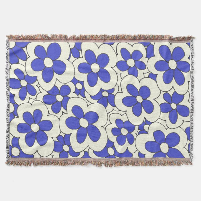 Hand Drawn Blue and Cream Flower Design Throw Blanket (Front)
