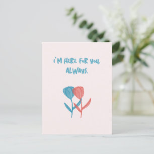 Hand-drawn blue and pink tulips mosaic-inspired postcard
