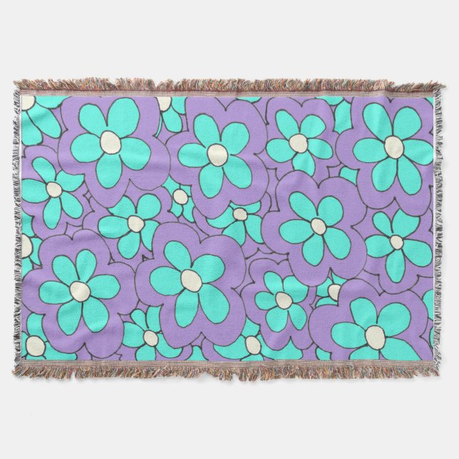 Hand Drawn Blue and Purple Flower Design Throw Blanket (Front)