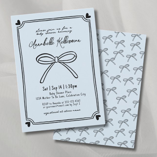Hand Drawn Blue Bow Baby Shower Invitation (Hand Drawn Blue Bow Baby Shower Invitation )