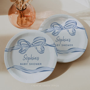 Hand Drawn Blue Bow Boy Baby Shower Paper Plate