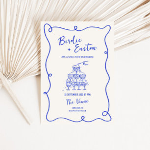 Hand Drawn Blue Champagne Tower Wedding Invitation