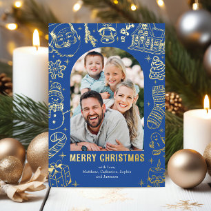 Hand-Drawn Blue Christmas Photo Gold