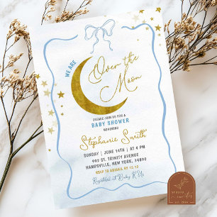 Hand Drawn Blue Coquette Over The Moon Baby Shower Invitation