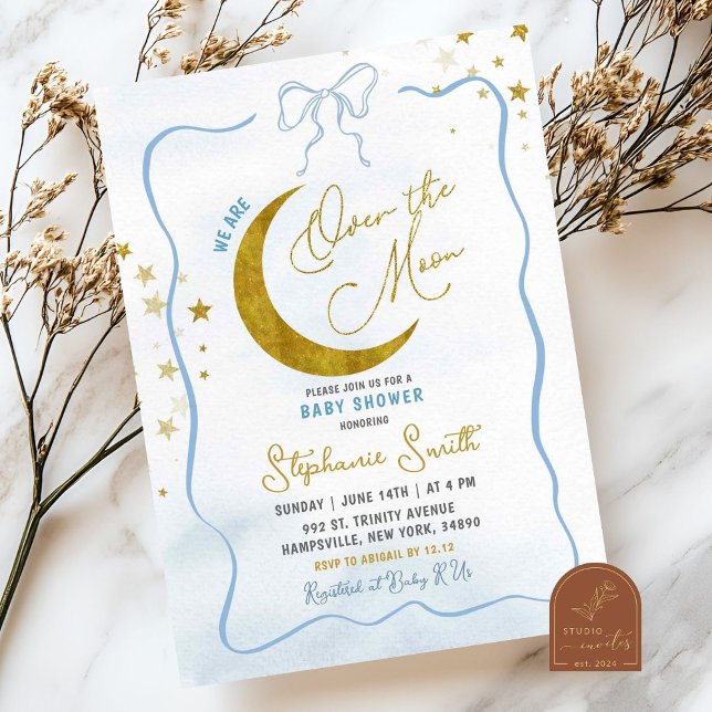 Hand Drawn Blue Coquette Over The Moon Baby Shower Invitation (Creator Uploaded)