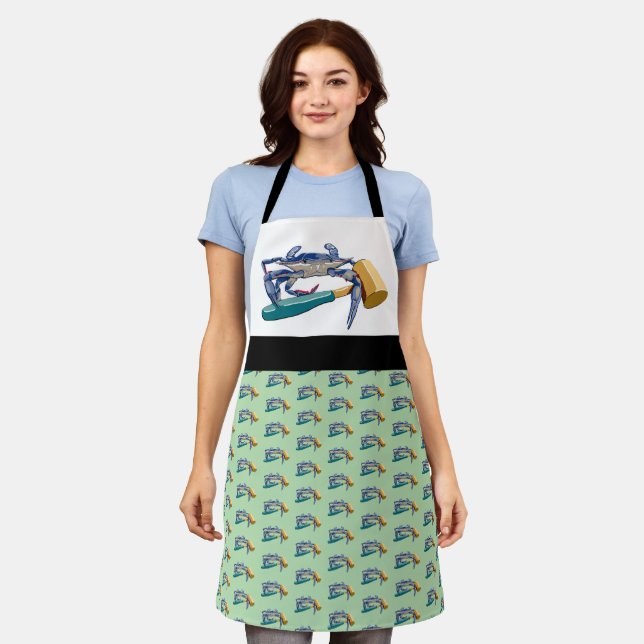Hand Drawn Blue Crab with Hammer Mallet Crab Boil Apron (Worn)