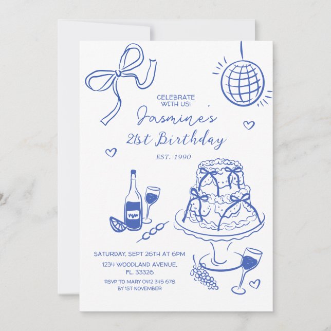 Hand-Drawn Blue Disco Ball & Cake Trendy Birthday Invitation (Front)