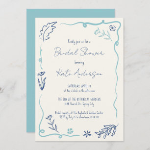 Hand Drawn Blue Floral Wavy Frame Bridal Shower Invitation