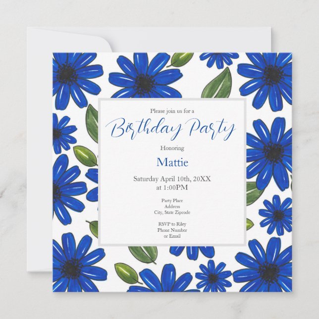 Hand Drawn Blue Flower Pattern Invitation (Front)