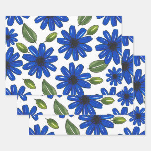 Hand Drawn Blue Flower Pattern Wrapping Paper Sheet