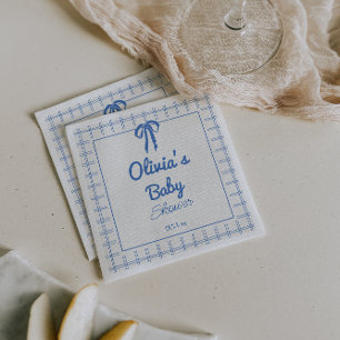 Hand Drawn Blue Gingham Bow Baby Boy Shower  Napkin