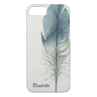 Hand drawn blue grey watercolor feather