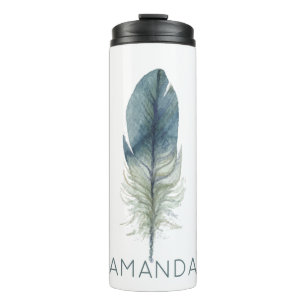 Hand drawn blue grey watercolor feather thermal tumbler