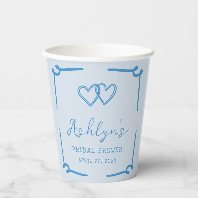 Hand Drawn Blue Heart Bridal Shower Paper Cups (Front)