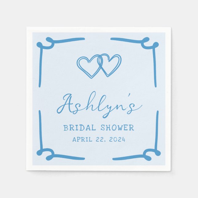Hand Drawn Blue Heart Bridal Shower Paper Napkins (Front)