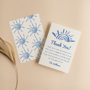 Hand Drawn Blue Here Comes The Son Baby Shower Thank You Card