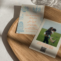 Hand Drawn Blue Orange Photo QR Code Wedding