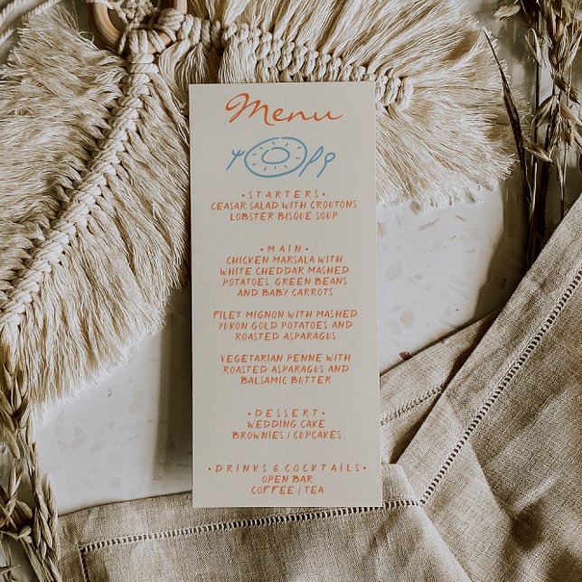 Hand Drawn Blue Orange Whimsical Wedding Menu (Creator Uploaded)