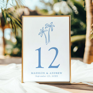 Hand-Drawn Blue Palm Trees Wedding Table Number