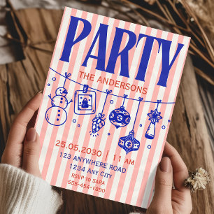 Hand Drawn Blue Pink Striped Christmas Party Invitation