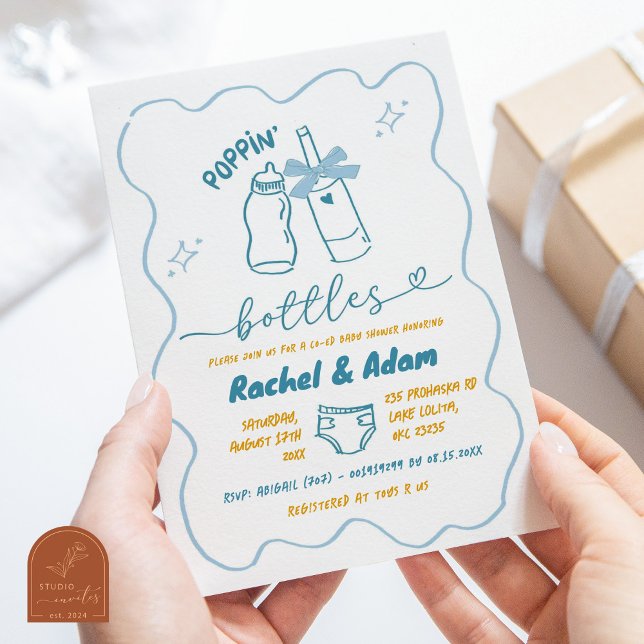 Hand Drawn Blue Poppin Bottles Boy Baby Shower Invitation (Creator Uploaded)