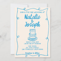 Hand Drawn Blue Quirky Cake Minimal Frame Wedding