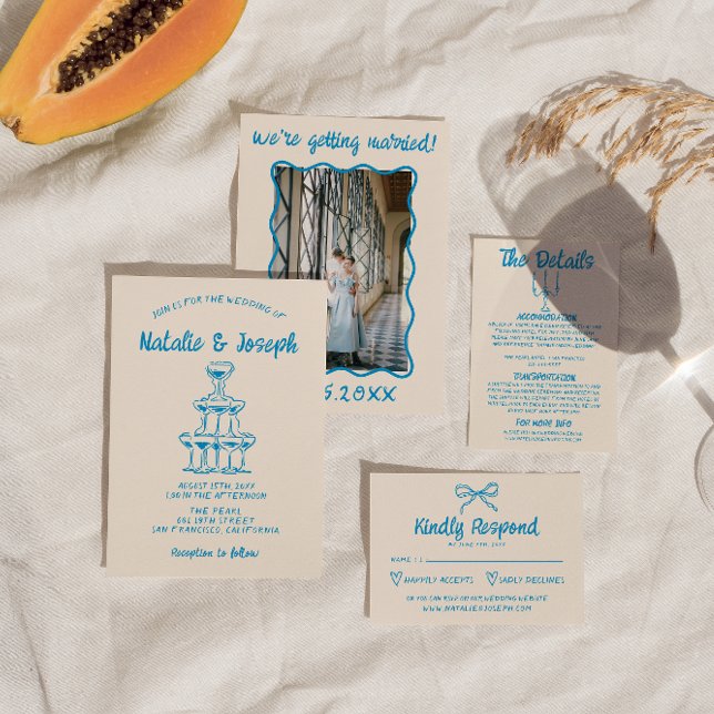 Hand Drawn Blue Quirky Champagne Tower Wedding  In Invitation (Creator Uploaded)