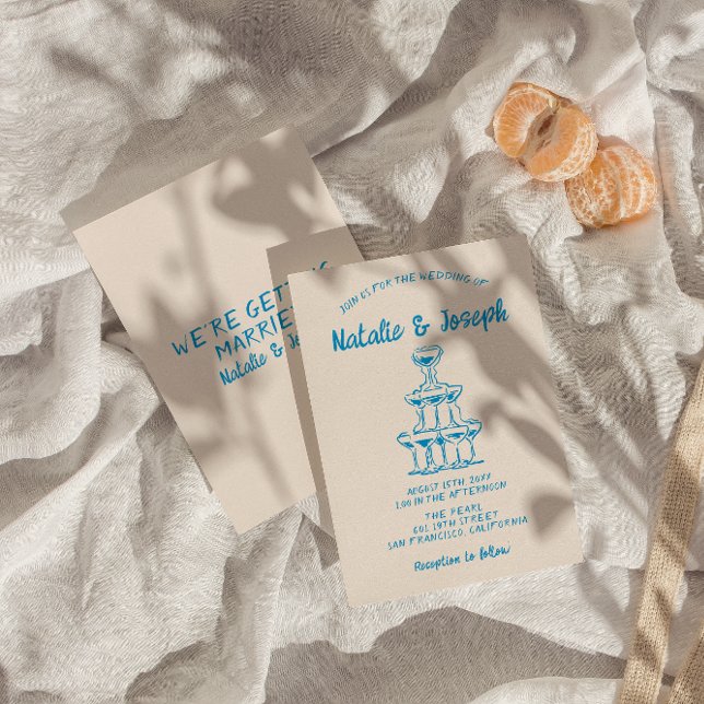 Hand Drawn Blue  Retro Champagne Tower Wedding Invitation (Creator Uploaded)