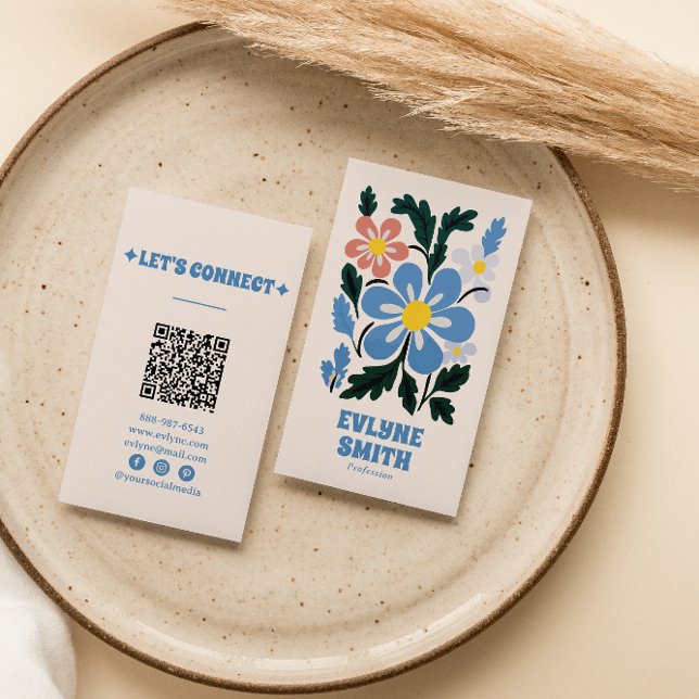 Hand Drawn Blue Retro Groovy QR Code Floral Trendy Business Card (Creator Uploaded)