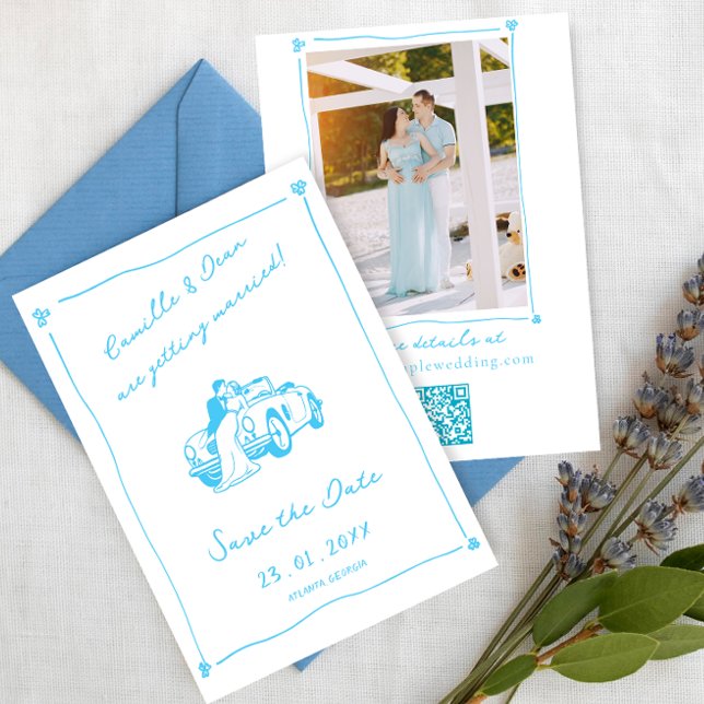  Hand Drawn Blue Save the Date photo QR Code Invitation (Creator Uploaded)