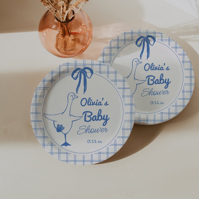 Hand Drawn Blue Silly Goose Ribbon Baby Shower Paper Plate (Creator Uploaded)