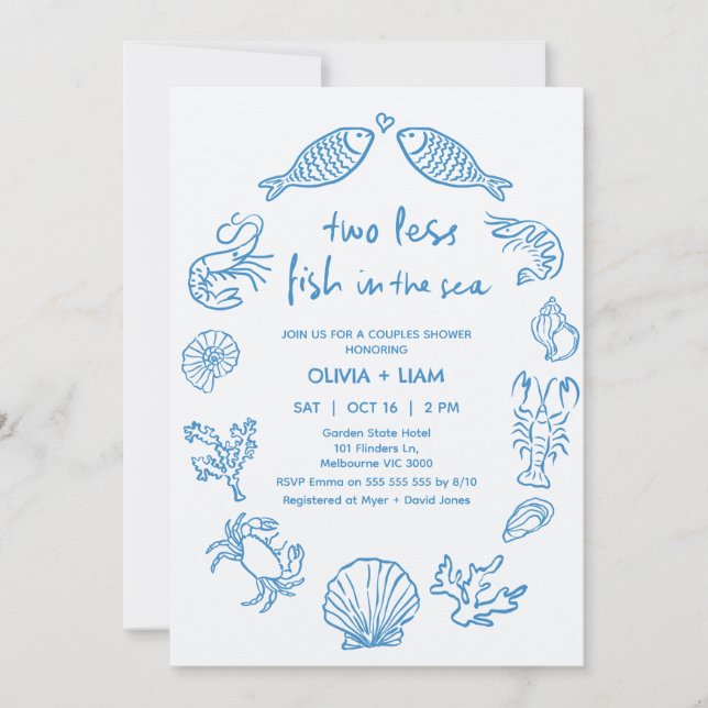 Hand Drawn Blue Two Fish Couples Bridal Shower Invitation (Front)