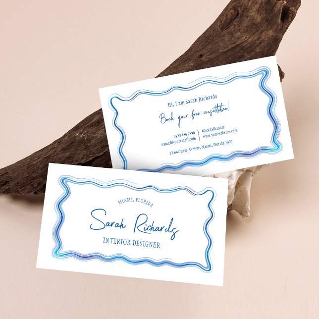 Hand Drawn Blue Watercolor Frame Elegant Designer Business Card (Elegant blue watercolor frame business card design with handwritten style font)