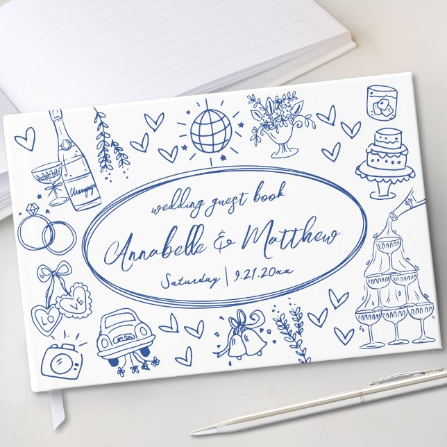 Hand Drawn Blue Whimsical Wedding Guest Book (Hand Drawn Blue Whimsical Wedding Guest Book)