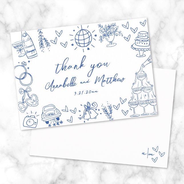 Hand Drawn Blue Whimsical Wedding Thank You Card (Hand Drawn Blue Whimsical Wedding Thank You Card )