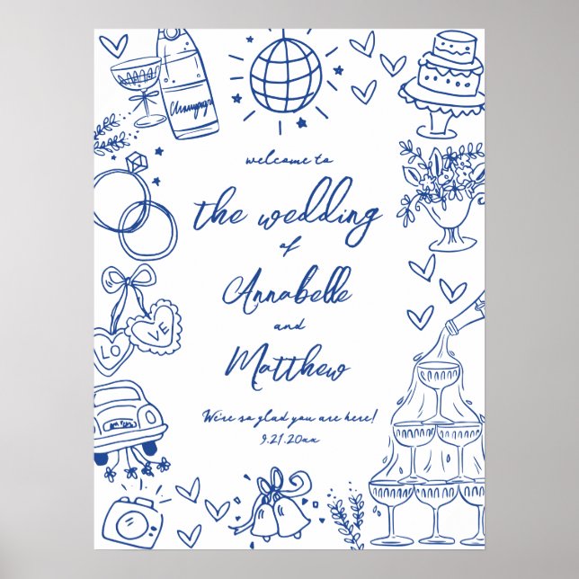 Hand Drawn Blue Whimsical Wedding Welcome Sign (Front)