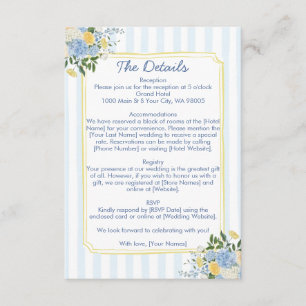 Hand Drawn Blue Yellow Floral Stripe Wedding Enclosure Card