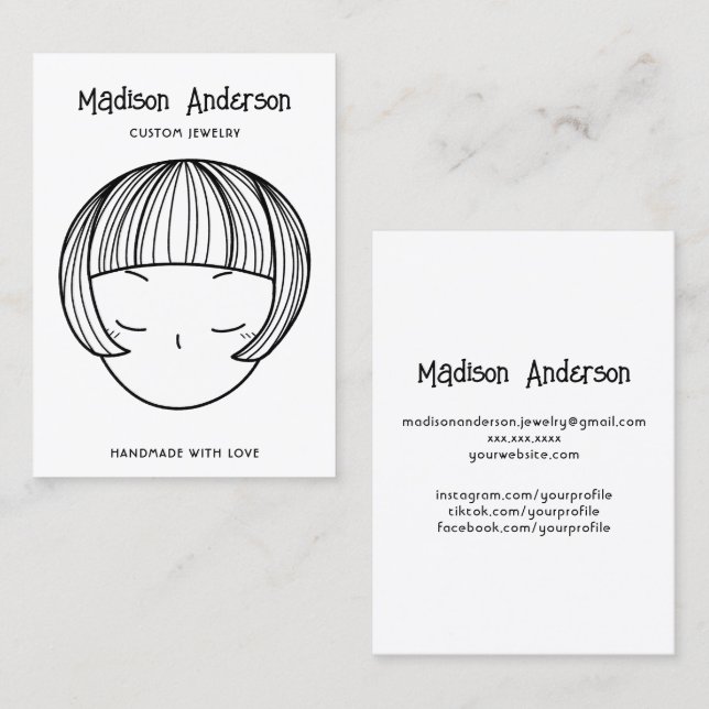 Hand Drawn Bob Haircut Lady Earring Display Card (Front/Back)