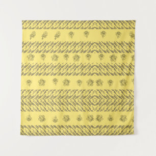 Hand-Drawn Boho Floral Geometric Lines in Mustard Tapestry