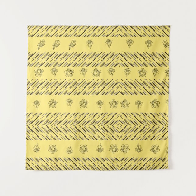 Hand-Drawn Boho Floral Geometric Lines in Mustard Tapestry (Front)