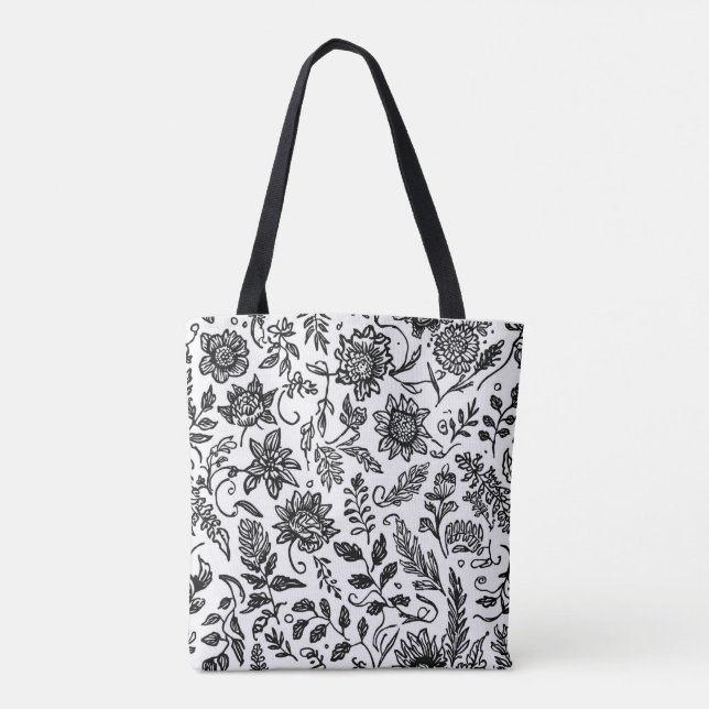 Hand-drawn boho floral motifs with paisley tote bag (Back)