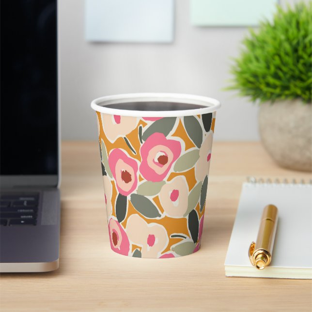 Hand-Drawn Bold Inky Floral Pattern- Sunlit Meadow Paper Cups (Insitu)